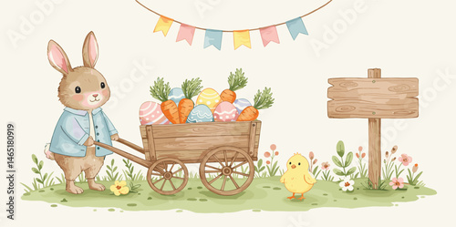 Happy Easter card with watercolor cute Easter Peter rabbit, eggs, spring flowers in pastel colors