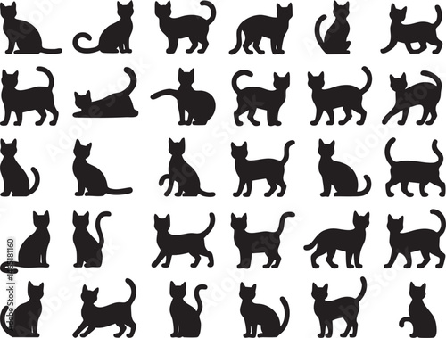 Thirty-Six Black Cat Silhouettes in Various Poses, Sitting, Walking, and Stretching Cat Icons, Pet and Animal Clipart Collection, 