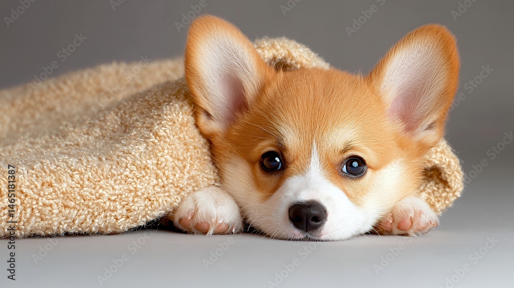 Cute Puppy Wrapped in Soft Blanket Resting Comfortably Cute Puppy Wrapped in Soft Blanket Resting Comfortably