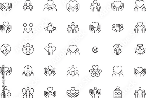 Collection of Line Icons Representing Love, Community, and Care, Minimalist Heart and People Symbols, Support and Charity Concepts, Social Connection Vector Elements, Emotional Wellbeing Icons