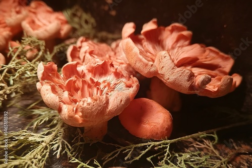 Close-up photo of bright orange coral mushrooms growing on the forest floor. Detailed textures and soft lighting create a warm, natural composition with moss in the background.