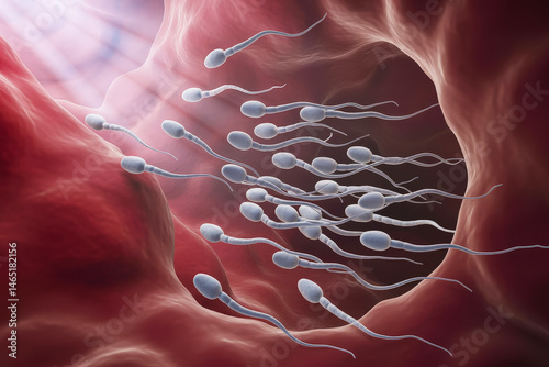 Sperm cells swimming towards an egg.