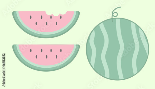 Pastel watermelon illustration featuring whole fruit and sliced pieces with cute soft colors. Perfect for summer themes, children's designs, and kawaii-style projects.