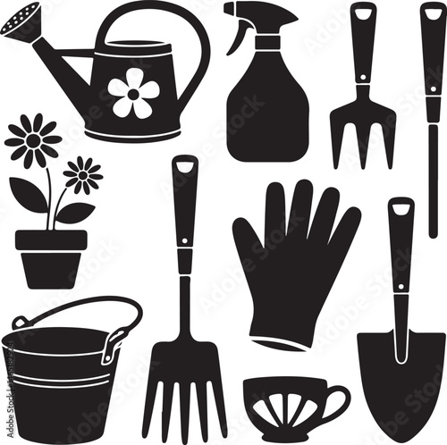 Blooming Garden Scene Silhouette

Gardener with Watering Can Vector Art

Floral Garden Under Sunlight Silhouette

Backyard Garden Tools Silhouette Design

Garden Fence and Flowers Vector Scene