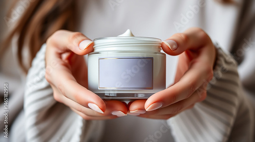 Obraz na płótnie Hands Holding a Cream Jar Representing Skincare and Beauty Concepts w salonie