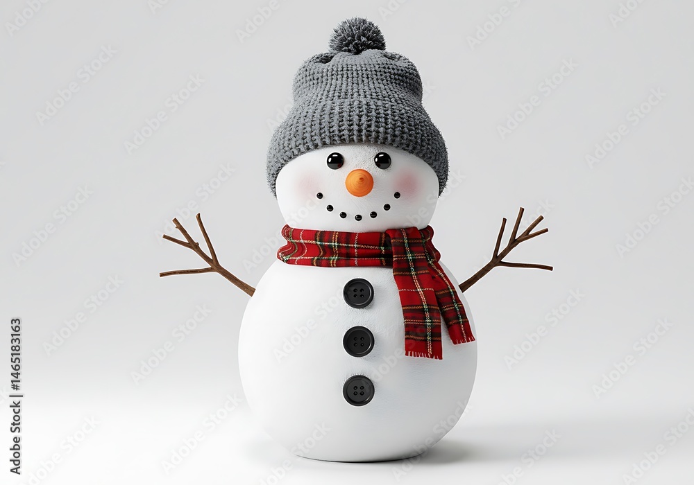 A charming snowman with a gray knitted hat and a red plaid scarf on a plain white background scene A charming snowman with a gray knitted hat and a red plaid scarf on a plain white background scene