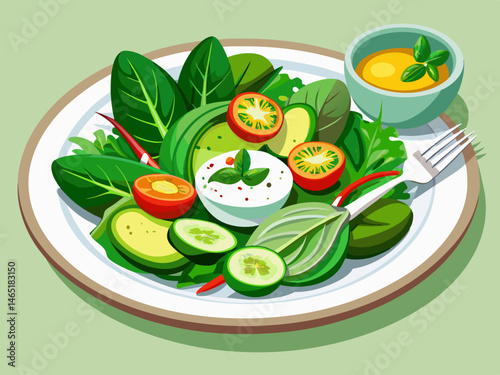 A vibrant green salad with fresh spinach, cucumber vector of and avocado is beautifully presented on a white plate. Along with the salad, a light yogurt sauce, ideal for health...