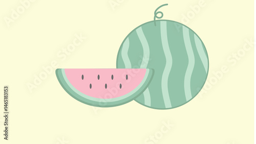 Pastel watermelon illustration featuring whole fruit and sliced pieces with cute soft colors. Perfect for summer themes, children's designs, and kawaii-style projects.