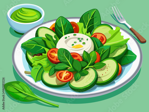 A vibrant green salad with fresh spinach, cucumber vector of and avocado is beautifully presented on a white plate. Along with the salad, a light yogurt sauce, ideal for health...