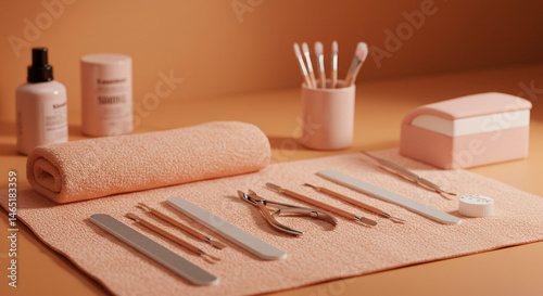 Nail care tools and products for manicure and pedicure set up in a beauty salon spa setting