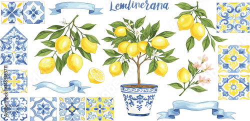 Watercolor mediterranean set, juicy lemons, leaves, flowers, Italian tiles