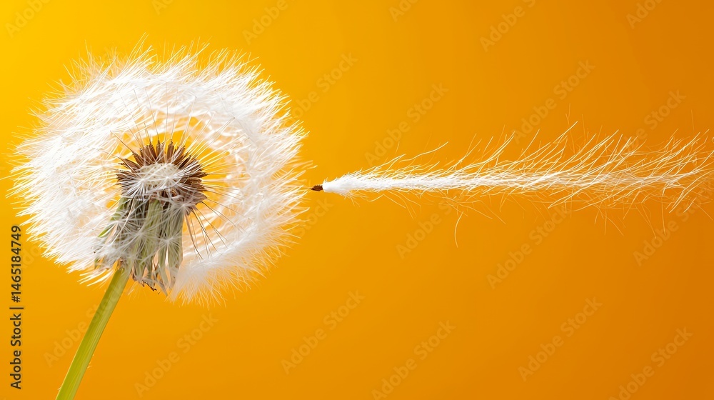 Fototapeta premium Dandelion Seed Head Blowing in the Wind Against Orange Background