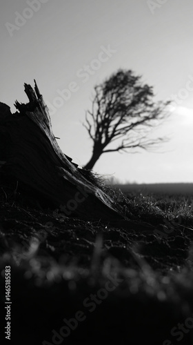 Black and gabardine icon of a broken tree on the right with clear copy space