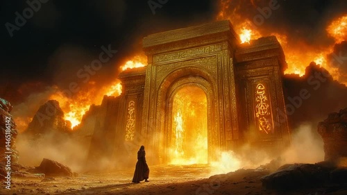 Burning ancient archway, lone figure watches.