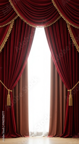 Red velvet curtains with gold tassels framing a bright light source behind photo