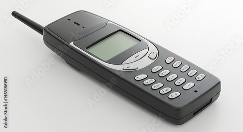 A classic black retro mobile phone, featuring a prominent external antenna, a small monochrome LCD screen, and a physical numeric keypad, is presented