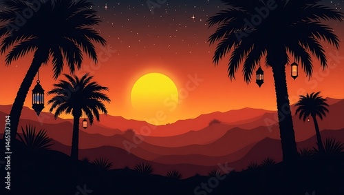 A silhouetted desert landscape at sunset, with palm trees and hanging lanterns