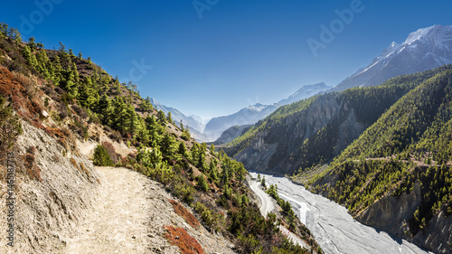 Panoramic view of the trekking route from Manang to Khangsar village and Mt. Annapurna II and III on the horizon. photo