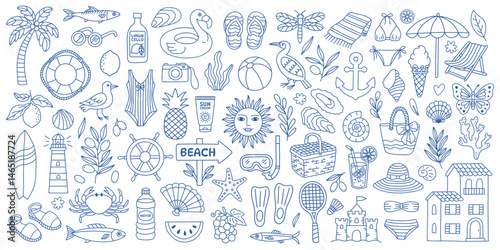 Cute set of hand drawn mediterranean summer beach doodle with sea animals, tropical fruits, drinks, shells, accessories, vacation items, water activities. Dolce vita Italian travel icon elements