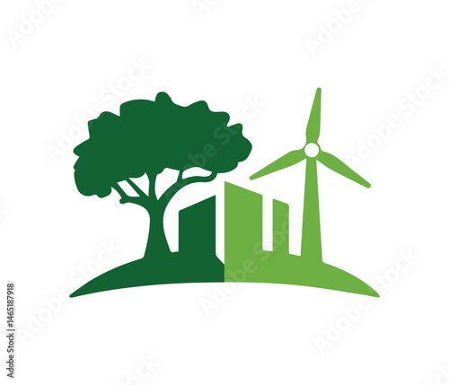 Tree icon, city icon, city logo, Green City Silhouette with Tree, Wind Turbine, and Buildings Eco-Friendly Urban Vector Concept.