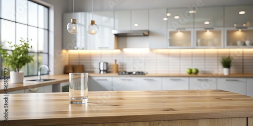 Minimalist wooden table with a clean glass top sits on a modern kitchen counter amidst a bright and airy background with blurred bokeh effect , blur bokeh, modern kitchen interior