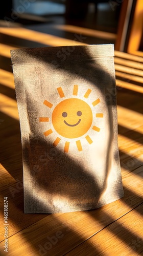 Smiling Sun Drawing on Small Pouch Resting on Linen Cloth