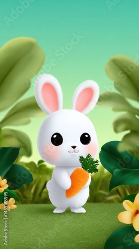 Cute bunny character holding a carrot in a spring garden setting cartoon illustration