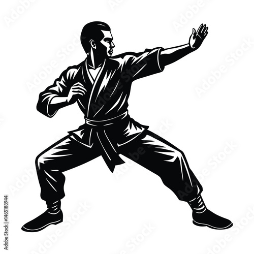 a man practice kung fu fight vector art silhouette