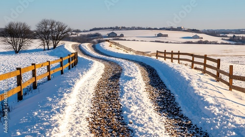 Snowy Winter Landscape with Winding Road and Wooden Fences