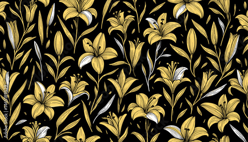 golden seamless vector lily flower pattern background