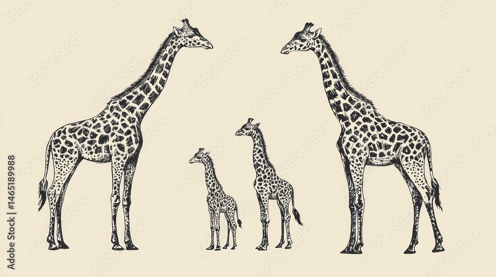 Naklejka premium A hand-drawn illustration of a giraffe family in different stages of life, standing in a line.