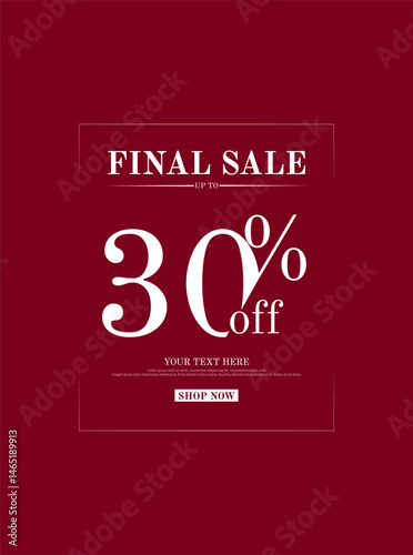 Premium 30% off discount final sale banner vector with red background and white text. Perfect for final sale, flash sale, special offer, e-commerce, elegant promotions, or premium discount ads.