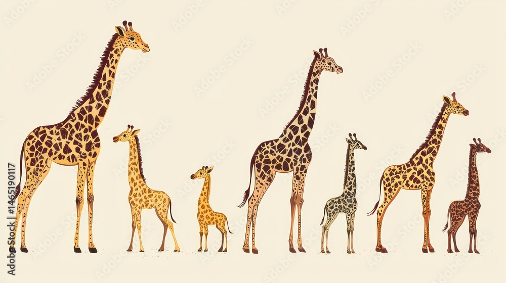 Obraz premium A hand-drawn illustration of a giraffe family in different stages of life, standing in a line.