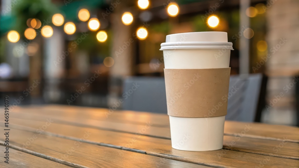 Coffee cup on a wooden table outside cafe mockup Coffee cup on a wooden table outside cafe mockup