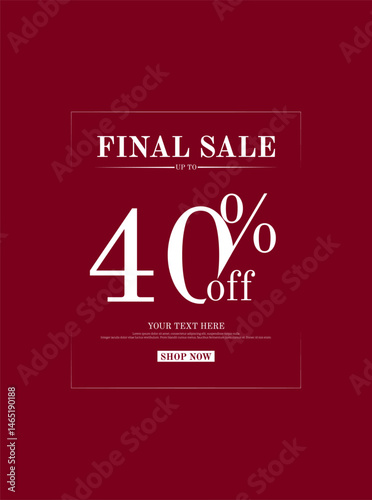 Premium 40% off discount final sale banner vector with red background and white text. Perfect for final sale, flash sale, special offer, e-commerce, elegant promotions, or premium discount ads.