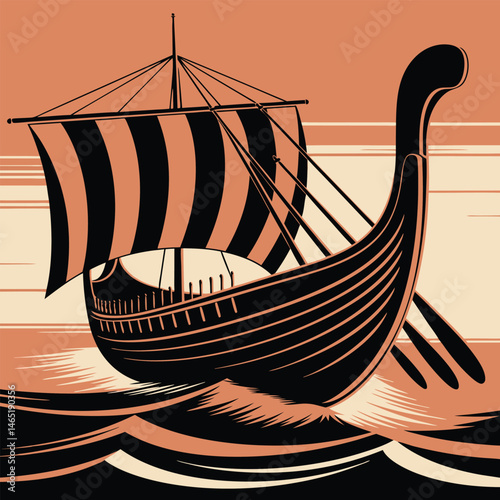 Viking Ship Vector Illustration – Ancient Norse Longship with Striped Sail on Ocean Waves