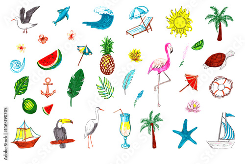 Hand-drawn collection of summer and beach-themed elements, showcasing tropical wildlife, vacation essentials, and scenic coastal beauty with a refreshing, colorful touch.