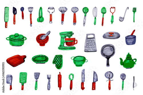Hand-drawn collection of diverse kitchen tools and cookware.