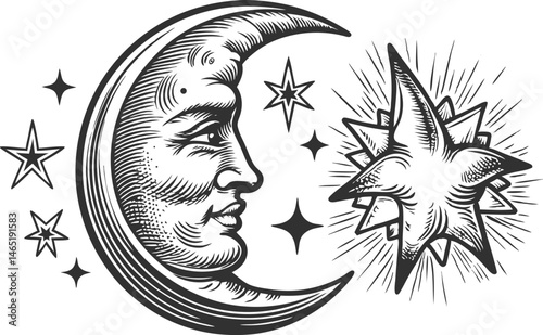 Vintage engraved composition of crescent moon with human face and stars, featuring celestial and mystical details in line art style

