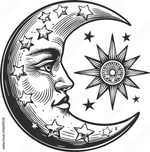 Vintage engraved composition of crescent moon with human face and stars, featuring celestial and mystical details in line art style

