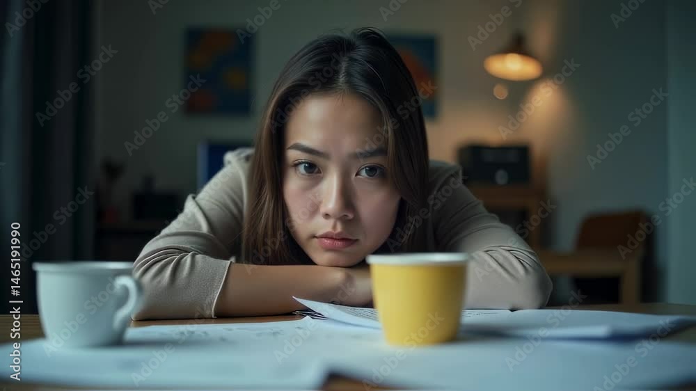 Woman with Tired Eyes Surrounded by Coffee Cups and Papers, Capturing Work Stress in Overcast Lighting
Woman with Tired Eyes Surrounded by Coffee Cups and Papers, Capturing Work Stress in Overcast Lighting