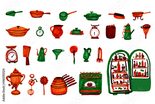 Hand drawn kitchen utensil illustration featuring essential cookware and appliances, ideal for culinary branding, packaging, and cooking-related designs.