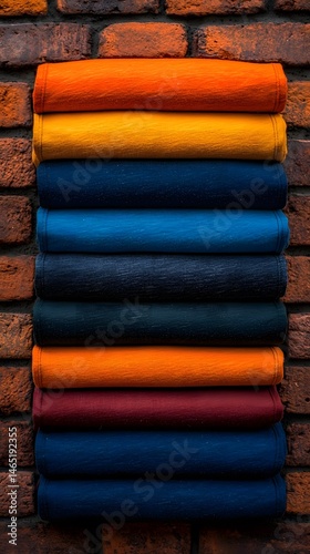 Stack of Folded T-Shirts in Gradient Colors Against Brick Wall