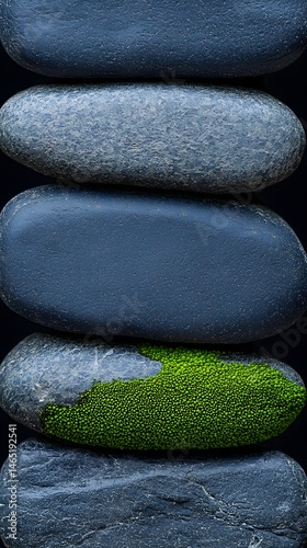 Stacked Grey and Blue Stones with Green Moss Texture