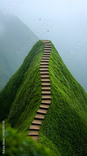 Stone Stairway Ascending Lush Green Hill in Fog