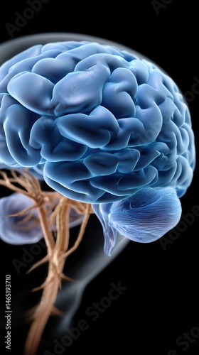 Human Brain Anatomy Model Showing Nervous System and Neural Pathways on Black Background