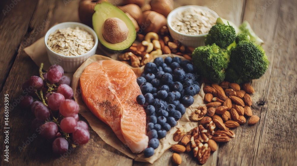 Heart-shaped arrangement of nutritious foods on wooden surface, symbolizing love and healthy eating Heart-shaped arrangement of nutritious foods on wooden surface, symbolizing love and healthy eating