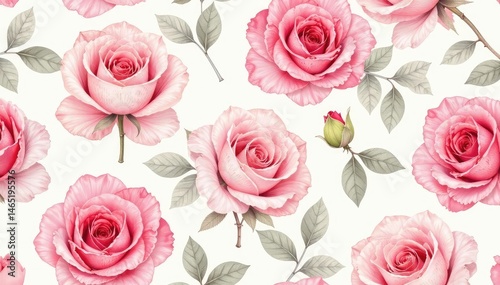 Delicate watercolor roses in blush pink and ivory, forming a seamless repeat , design, buds, floral