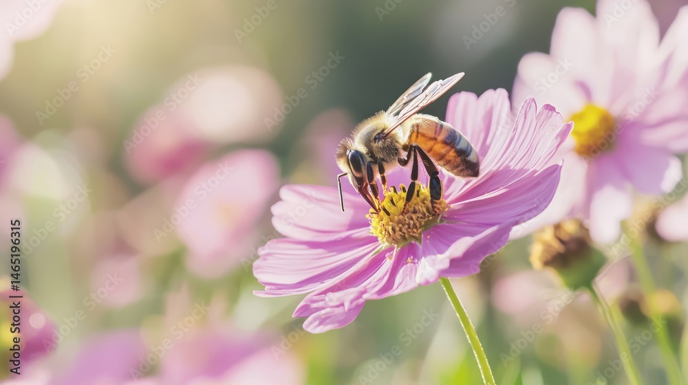 A honey bee collecting nectar on a flower, isolated on a white background A honey bee collecting nectar on a flower, isolated on a white background