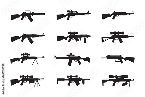 Weapons Silhouette Collection: A sleek and diverse collection of detailed weapon silhouettes, ideal for military, gaming, and design projects, capturing the essence of power and precision.Would you li